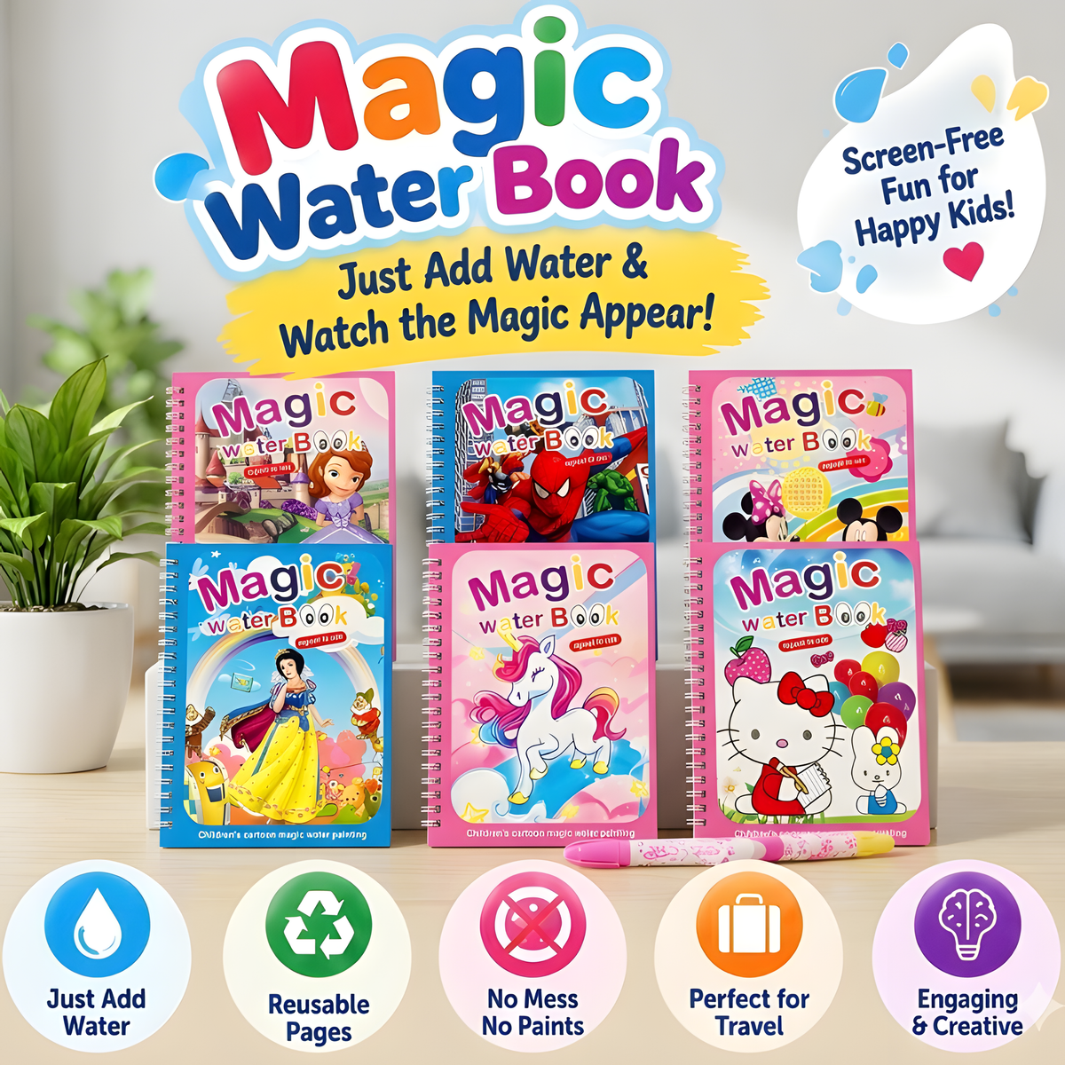 Reusable Magic Water Books With Water Pens (Pack Of 6)