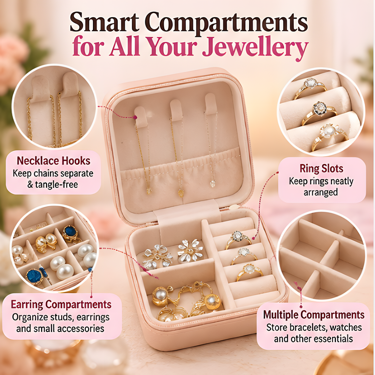 Portable Travel Jewellery Organizer Box – Rings, Earrings & Necklace Storage Case